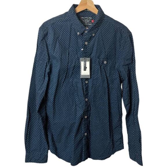 Cactus On The Road Navy White Mini Polka Dot Button Up Shirt Men's Size L NWT - Picture 1 of 7